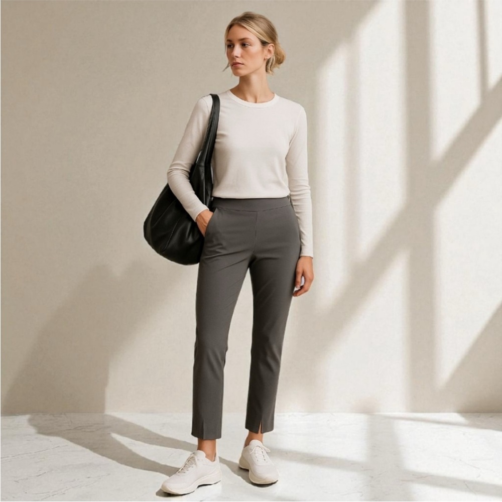 ATHLETA Wander Slim Grey Pants High Rise Back Zip Hem Slit 353450-05 Women's 10